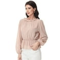 thumbnail image 2 of Women's Long Sleeve Blouse with Ruffle Neckline and Cinched Waist Detail - Large, Beige, 2 of 6