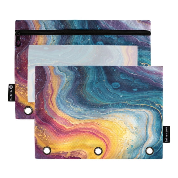 2 Pack 3 Ring Binder Pouch with Clear PVC Window Water Resistant Zipper Pencil Pouch Rainbow-colored Sinuous Marble Binder Pocket for Classroom Office Home Stationery Organization