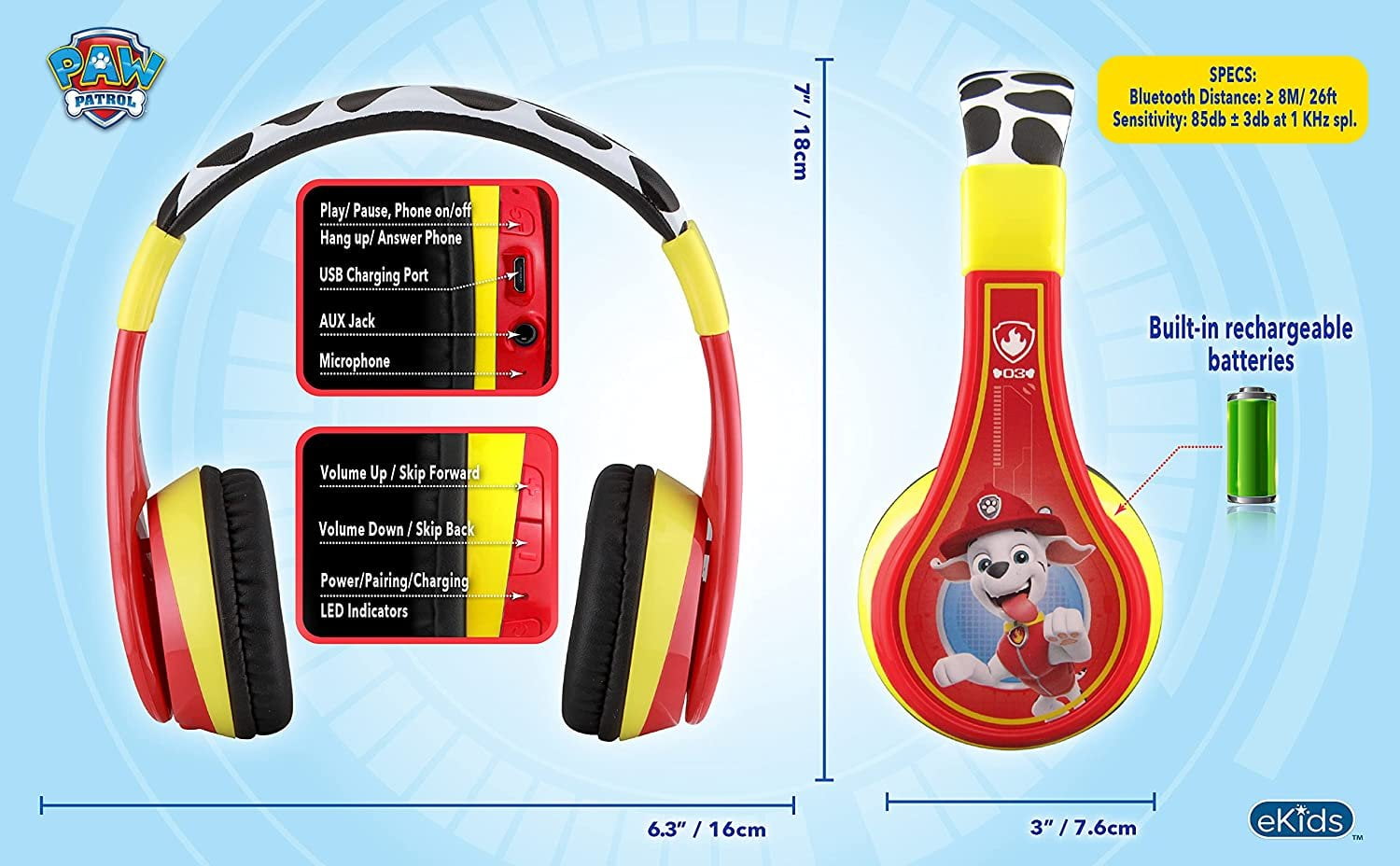 ekids Paw Patrol Bluetooth Headphones for Kids, Wireless Headphones with Microphone