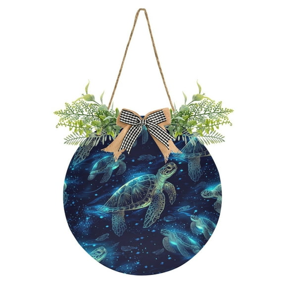 Sea Turtles in Blue Ocean Front Door Porch Decoration Hanging Sign with Artificial Green Plants and Bow for Home Outdoor Indoor