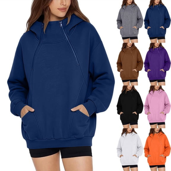 CFLVAEK Oversized Hoodies for Women Trendy Double Half Zip Pullover Hoodie with Pockets Plus Size Long Sleeve Fall Winter Sweatshirts Gray XL
