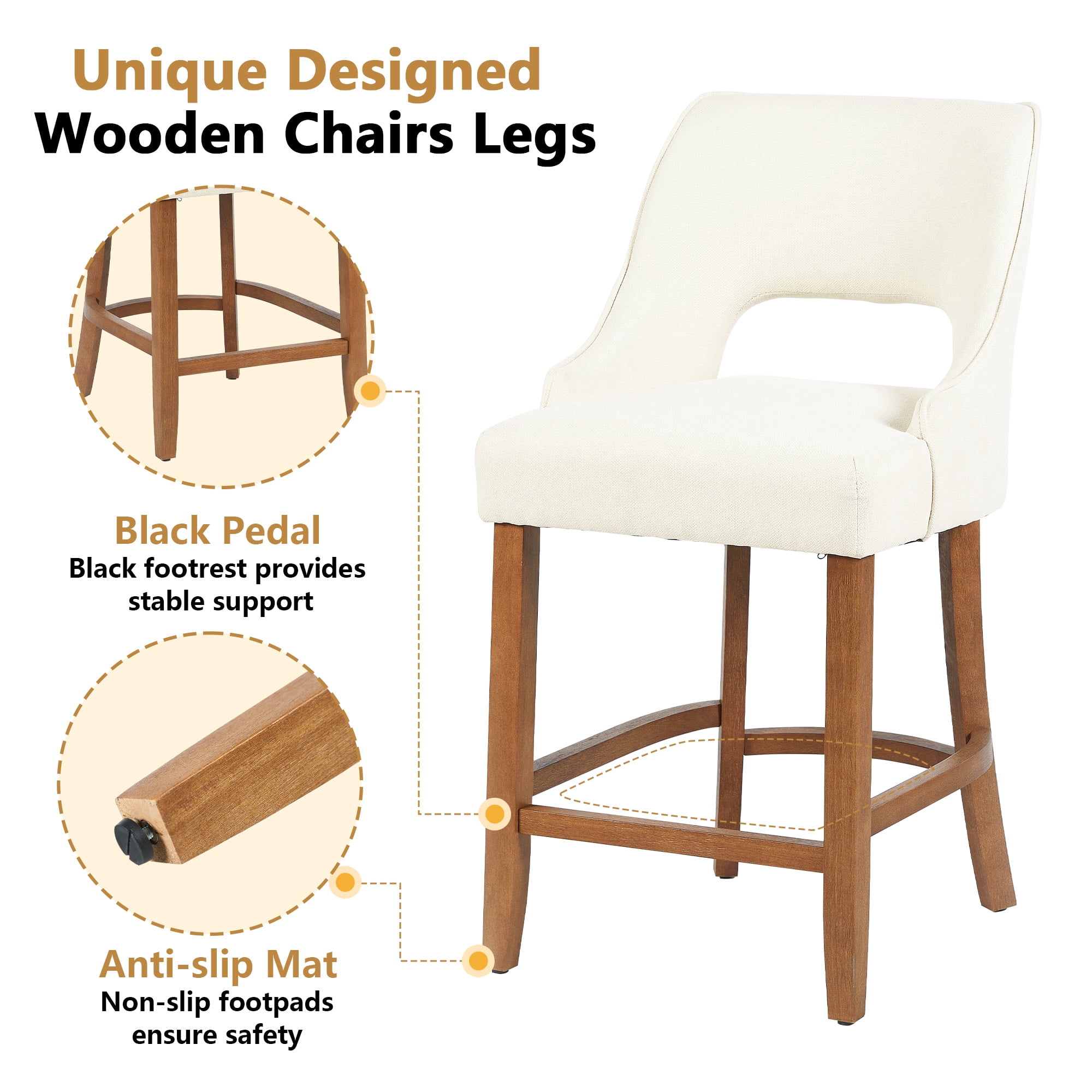 ClinQ Modern Counter Height Bar Stool Set of 2, Upholstered Seat with Back and Walnut Curved Footrest for Kitchen Island, Beige