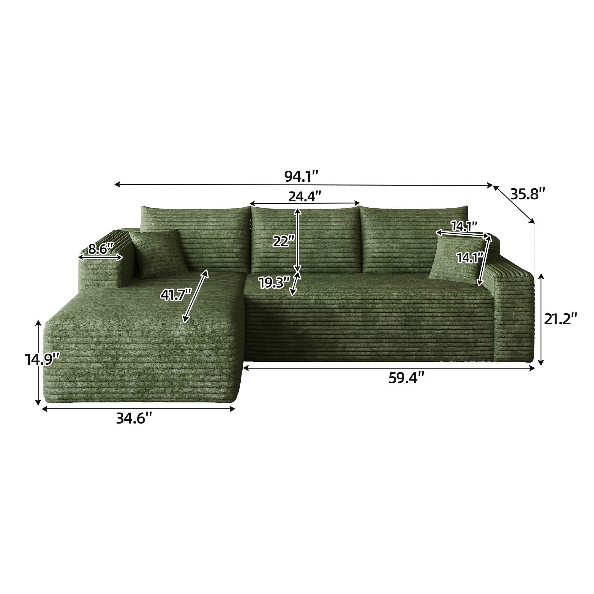 MAYEERTY 95" Cloud Sectional Sofa, U-Shaped Corduroy Upholstered Deep Seat Couch, No Assembly for Living Room, Green