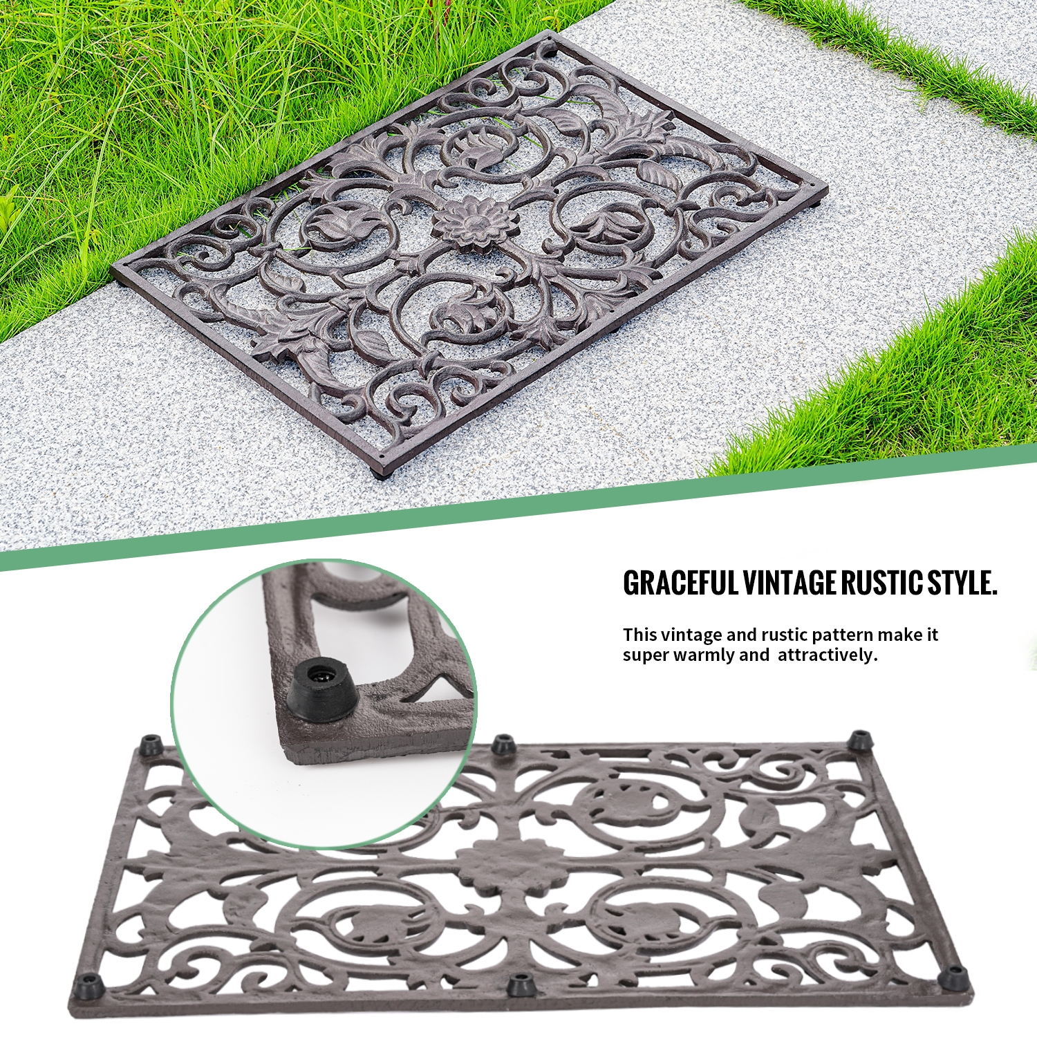 Sungmor Decorative Cast Iron Doormat, Heavy Duty Outdoor Entry Mat with Vintage Scroll Design, Weatherproof Non-Slip Metal Welcome Mat for Front Porch, Patio, Garden Entrance, Rustic Black Finish