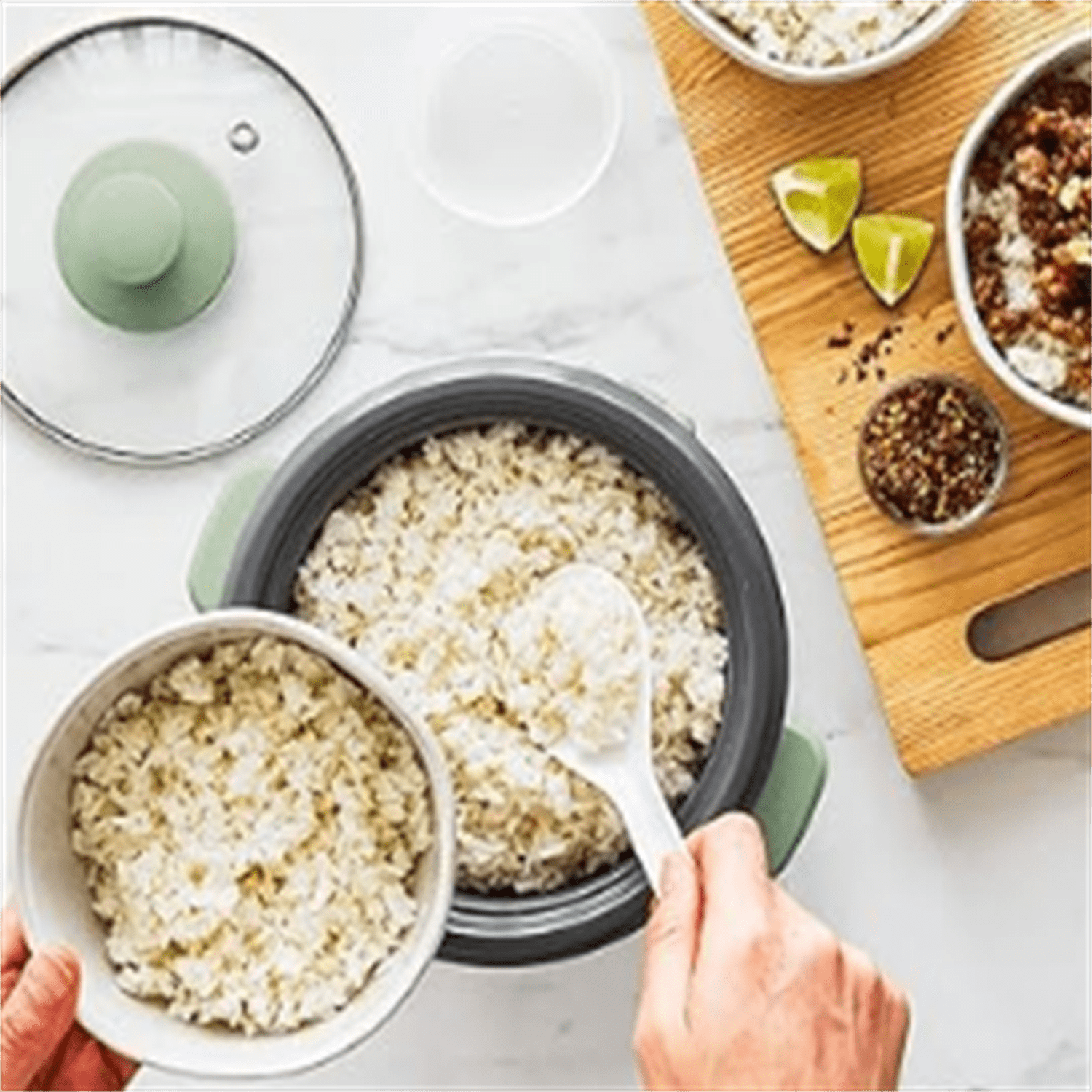 Rice Cooker with Removable PFAS-Free Nonstick Pot, 3-Cups Uncooked/6-Cups Cooked, One-Switch Design, Auto Keep Warm Function, Soup, Grains, Oatmeal, Wood Handle, Sage Green