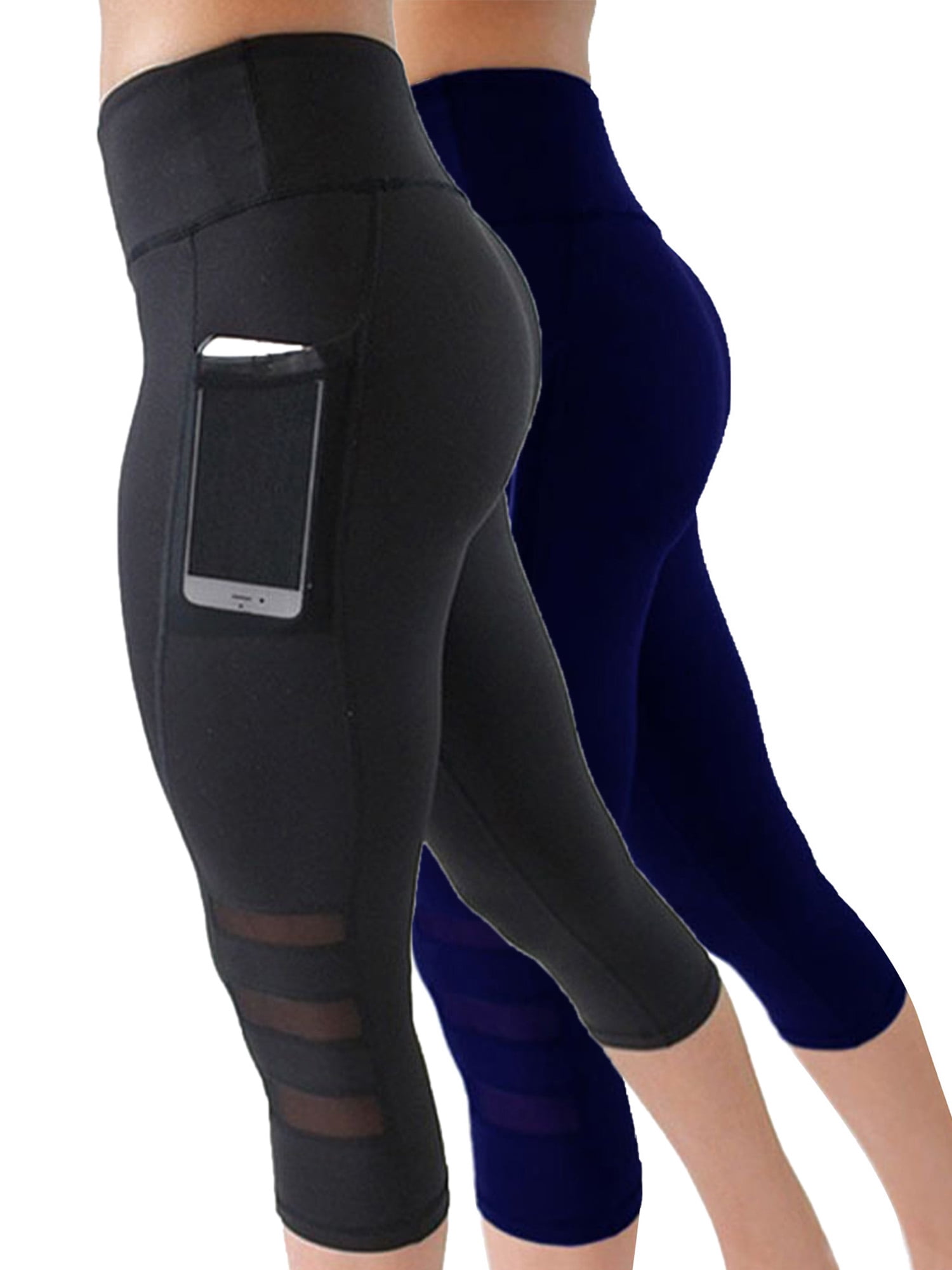 Black and Navy S MIER Womens 2 Pack High Waist Long Yoga Pants with Pockets Tummy Control Workout Legging for Running Lounge Training 7/8 Length 
