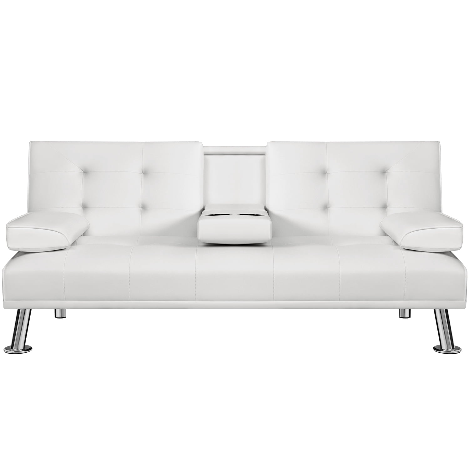 Vineego Modern Sofa Bed Faux Leather Couch Convertible Futon with Two Cupholders, White