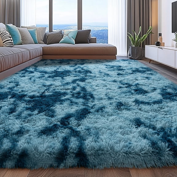 ZENELESS 9'x12' Tie-Dye Peacock Blue Plush Shaggy Rug, Extra Large Soft Indoor Modern Fluffy Carpet for Stylish Home Decor