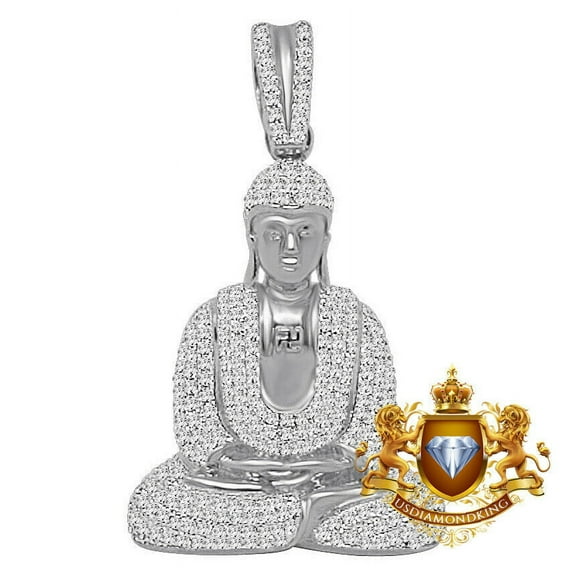 Genuine Sterling Silver Simulated Diamond Buddha Pendant Meditation Charm 2.25''