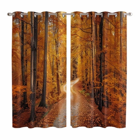 Orange Forest Kitchen Curtains 63 Inch Length, Fall Tree Botanical Maple Leaf Grommet Top Bedroom Living Room Curtains, Light Filtering Cafe Curtain Drapes 2 Panels Set 84''x63''