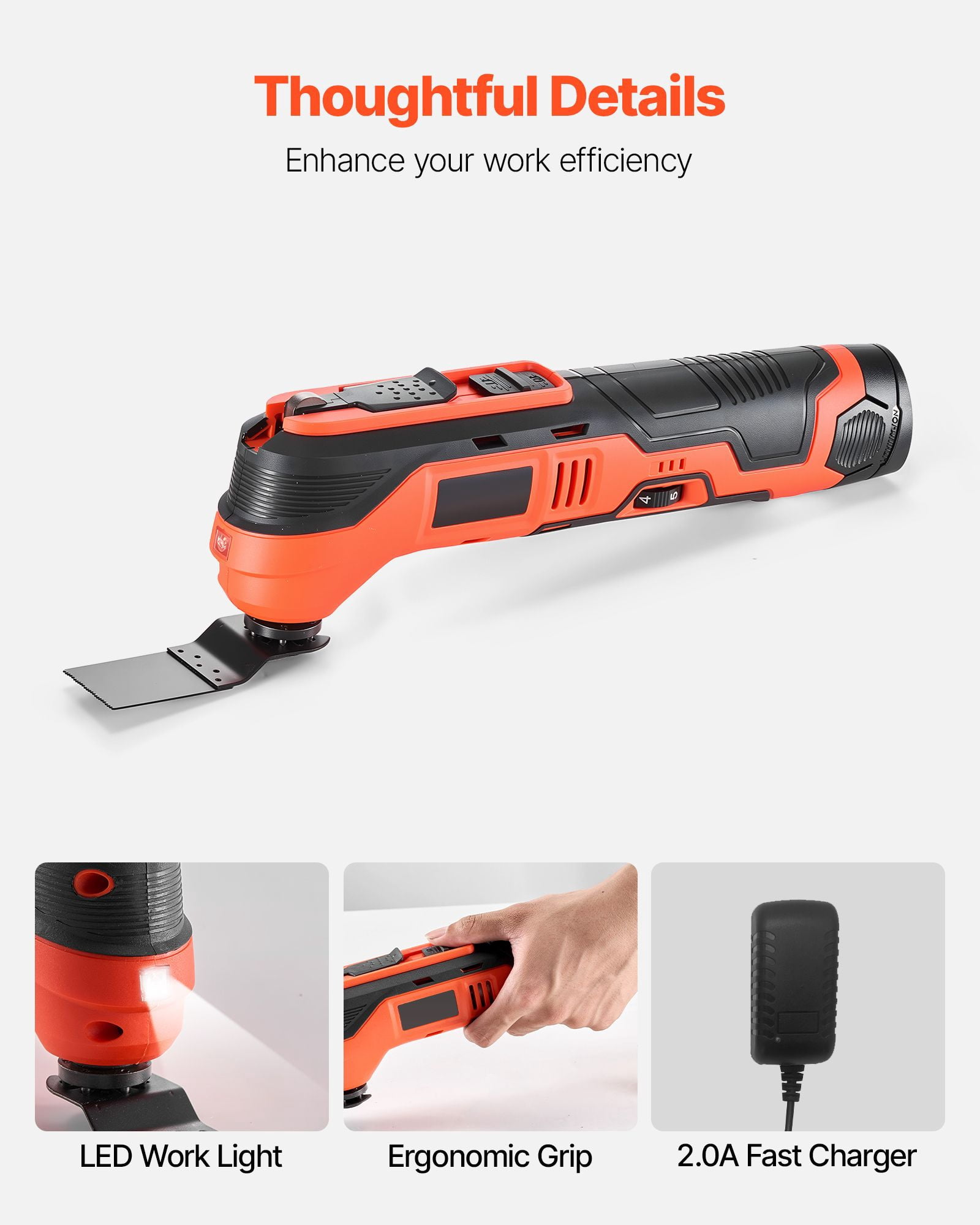 Cordless Oscillating Tool Kit 12V, 6 Speeds 6000-17500 OPM, 3.2° Oscillation Angle, 2.0Ah Battery, Quick Blade Change, LED Light for Woodworking DIY