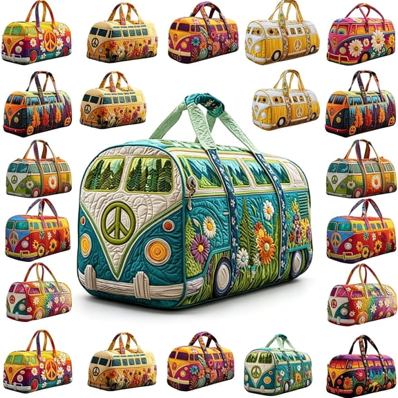 GASTROPOD Quilted Hippie Van Duffle Bag with Adjustable Padded Strap-Large Capacity Bohemian Travel Weekender Bag for Gym,Yoga,Festival,and Overnight Trips,Artistic Patchwork Carryall Tote Made