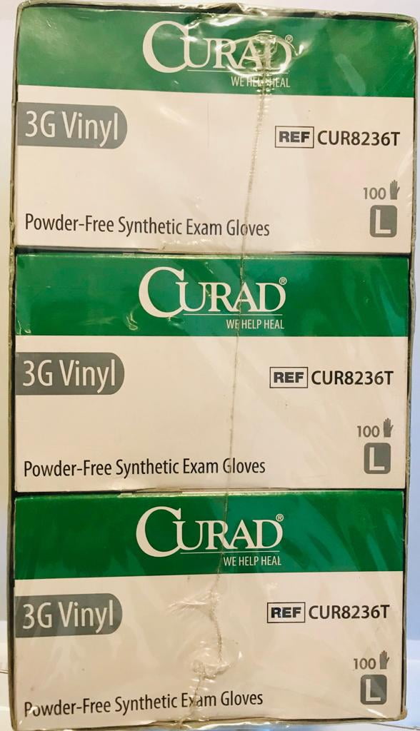 Curad 3G Synthetic Vinyl Exam Gloves, Powder-Free, Large, 3-100 Count Boxes, 100 Each per Box