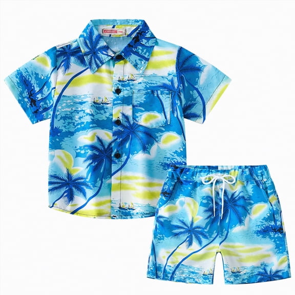 kaprioy Toddler Baby Boy Summer Outfits Little Kids Hawaiian Clothes Short Sets Sunset Palm Leave Top Shirt T-shirt Tops Shorts 2PCS Clothes Set