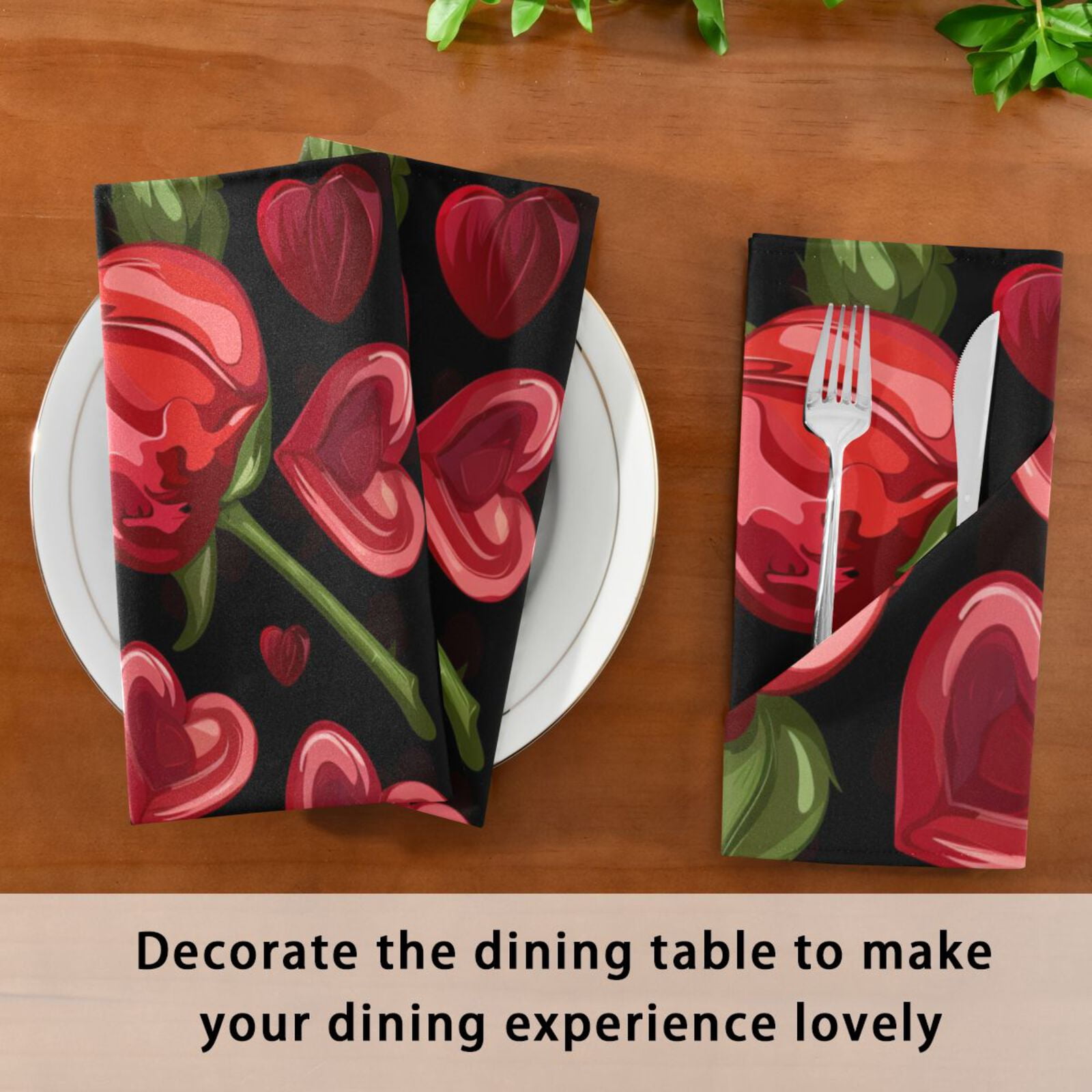 JSTEL Heart Red Rose Flower Cloth Napkins Set of 6, 20x20 Inch Washable and Reusable Napkin for Decoupage Dinner Party Everyday Use