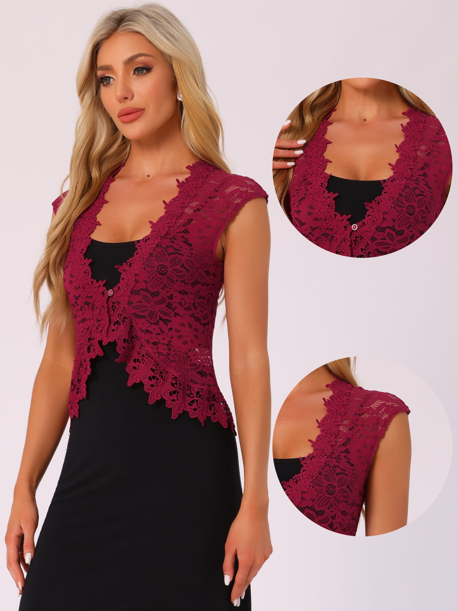 DARING DIVA Women's Lace Cap Sleeves Cardigan Floral Shrug S Burgundy