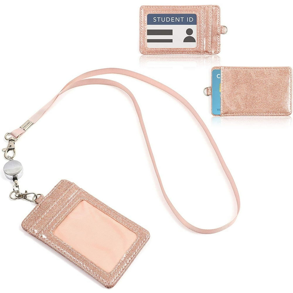 Retractable ID Badge Holder with Lanyard, 2 Card Slots, Rose Gold