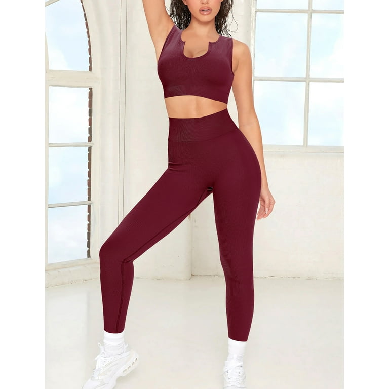 2 Piece Workout Sets for Women Seamless Yoga Outfits Ribbed Sports Bra Gym  Shorts Leggings Set (Wine Red,Small)