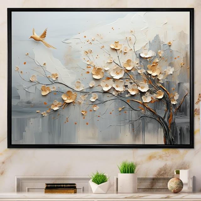 Designart Abstract Shapes Oversized framed wall art decor, Abstract Shapes framed wall Art, Vision Of Japanese Trees In Beige And Gold , Beige black framed wall art, 32x16 inches black frame