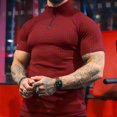 thumbnail image 3 of Camisa musculosa de manga corta para hombre, ajustada, con cremallera de un cuarto, Color puro, cuello vuelto, camisa elástica con cremallera, Rojo XXL, 3 of 6