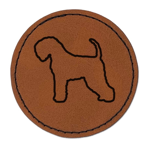 Soft Coated Wheaten Terrier Dog Outline 2.5" Faux Leather Round Engraved Iron-On Patch - Brown