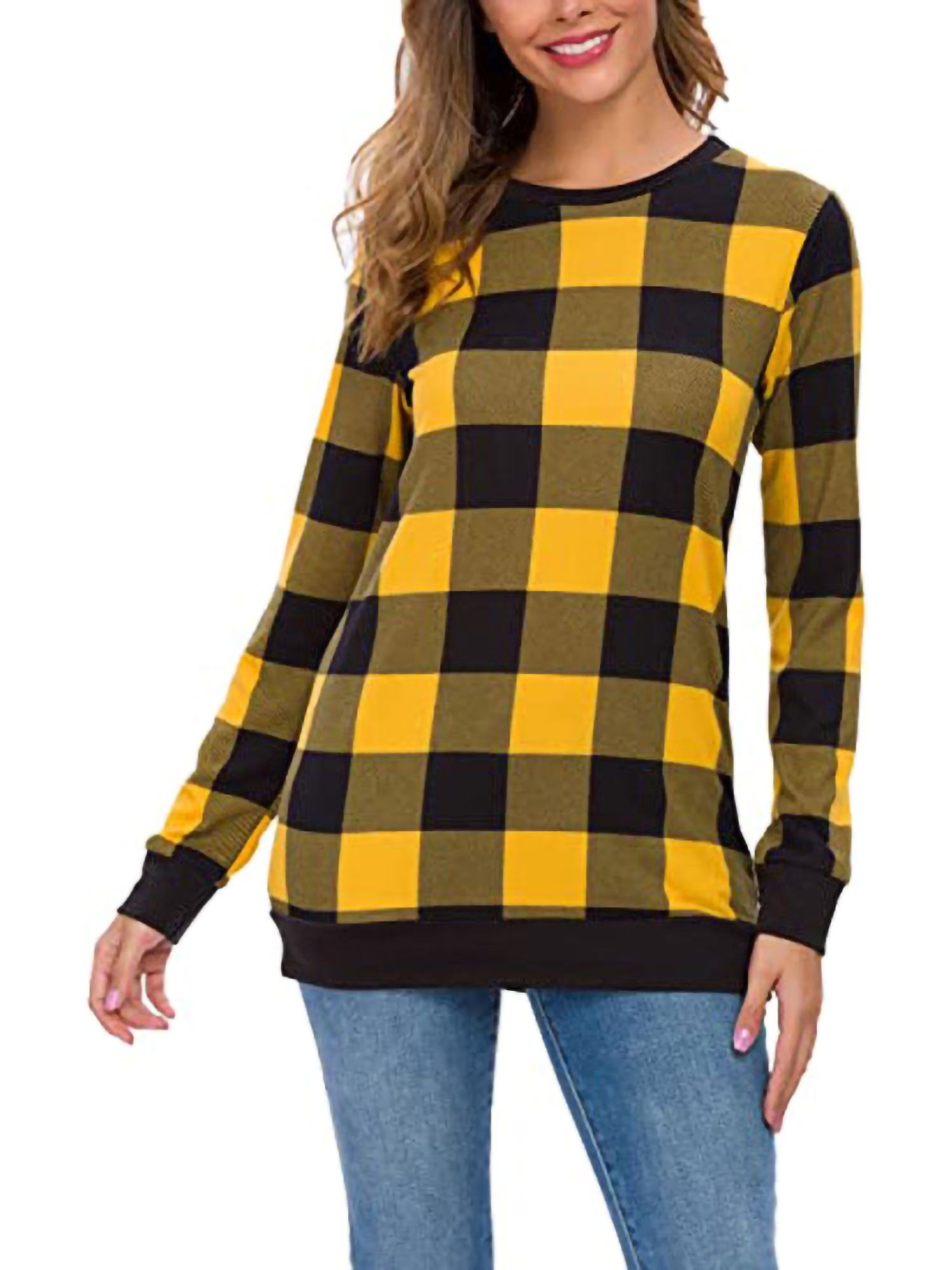 Buffalo Plaid Shirt for Women Lace Stitching Long Sleeve Elegant Blouse Tops Casual Round Neck Tunic Shirts 