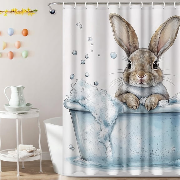 72x72in Funny Easter Bunny Rabbit in Bathtub Shower Curtain Set