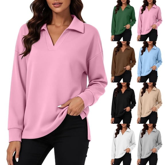 Vynhevius Womens Sweatshirt Solid V Neck Long Sleeve Side Slit Casual Loose Pullover Top