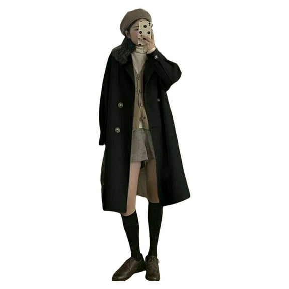 Women Winter Overcoat Turn-down Collar Pockets Solid Color Double-breasted Thickened Loose Fit Coat Thermal Long Sleeved Commuting Dating Spring Fall Winter Coat