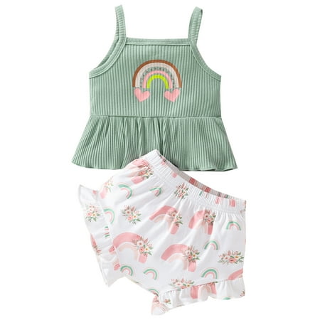 

CenturyX Newborn Baby Girls Summer Outfits Set Rainbow Ribbed Sleeveless Pleated Hem Camisole Shorts Clothes Green 18-24 Months