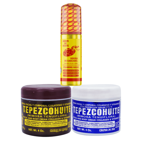 Indio Tepezcohuite Facial & Body cream Day & Night (4oz) Set with Jabon de Vibora Cascabel Foaming Wash, 3-Piece Skin Care Bundle