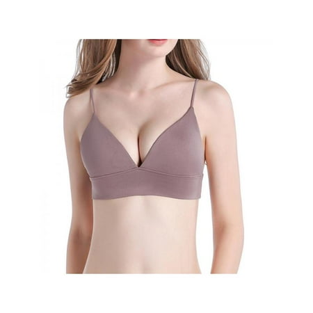 Topumt Women Thin Shoulder Strap Padded Sport Bra Lady Seamless Deep V Underwire Bra Bikini Bra Brassiere