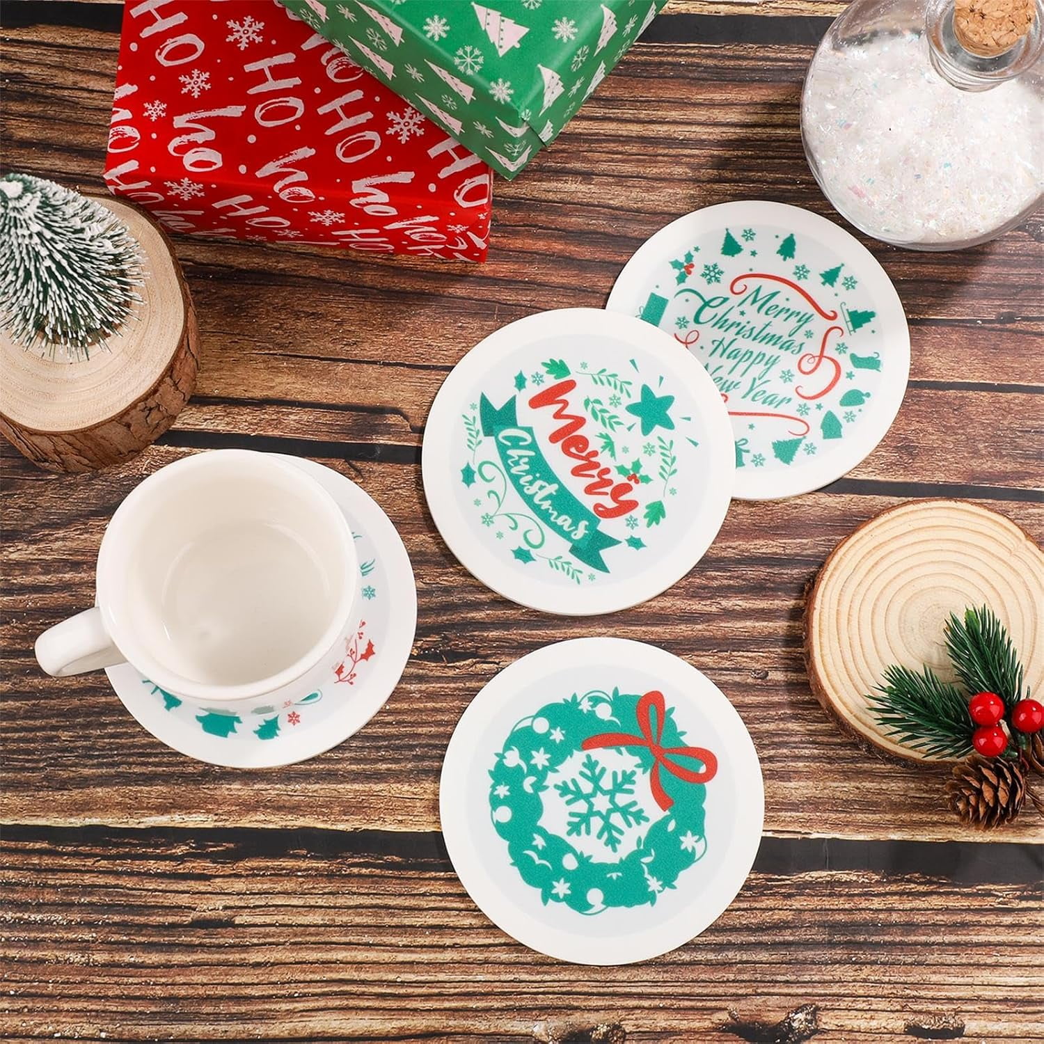 6pcs Christmas Coasters - PVC Reindeer & Tree Design, Anti-Slip & Insulated (Red Style)
