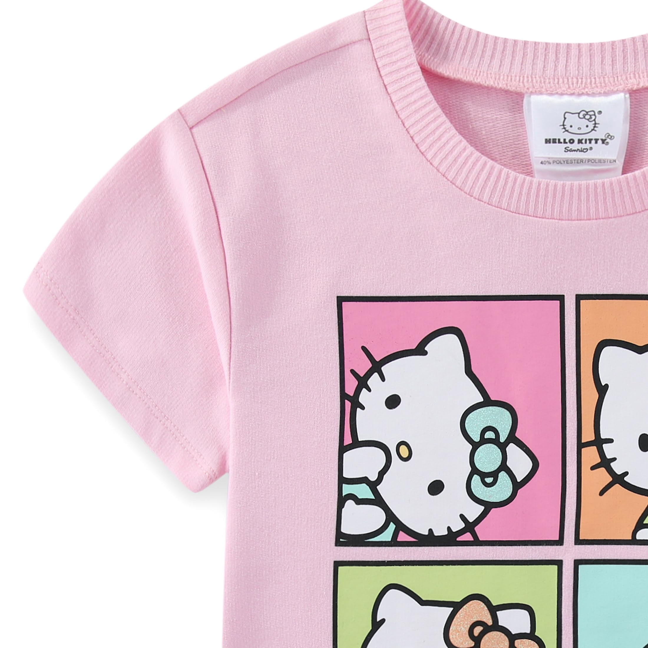 Hello Kitty Sanrio French Terry Short Sleeve T-Shirt Tank Top and Short Set (Girls), 3 Piece Set, Sizes 5-12