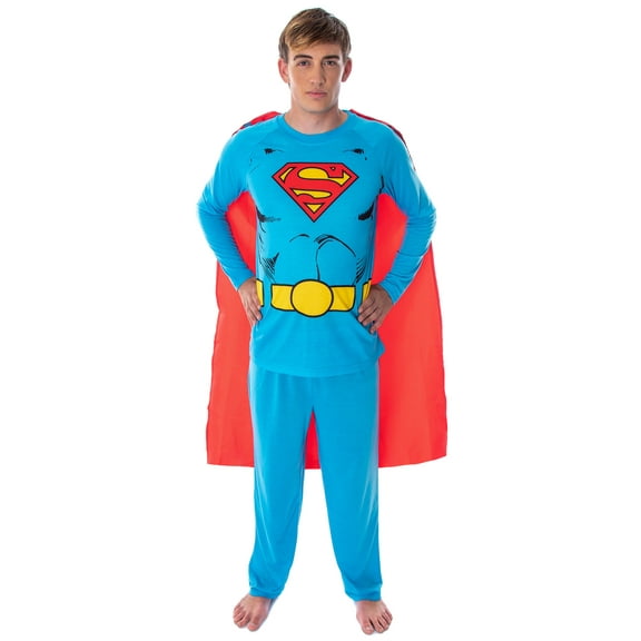 DC Comics Men's Superman 3 Piece Raglan Long Sleeve Shirt And Pajama Pant Lounge Set with Detachable Cape