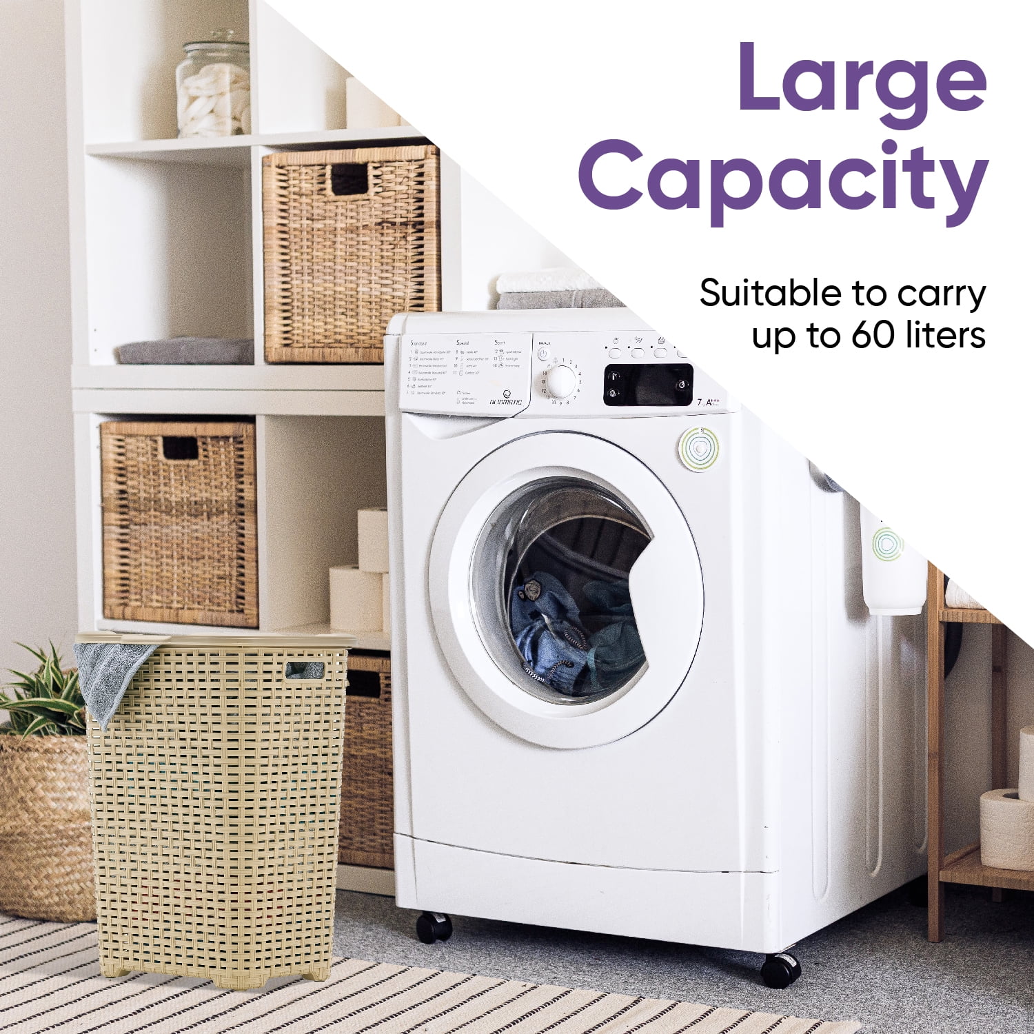 Superio Laundry Hamper Basket With Easy Open Lid 60 Liter Beige, Large Wicker Hamper, Dirty Cloths Storage With Two Cutout Handles, Laundry Room Bin