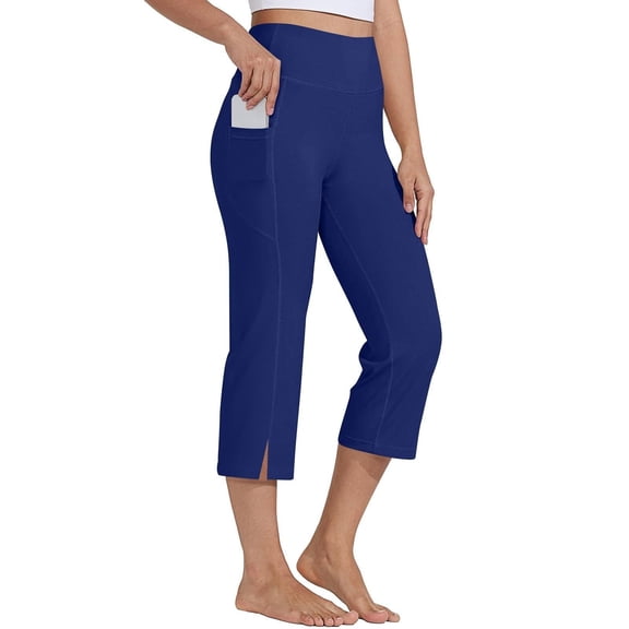 Inglocry Capri Pants for Women High Waist with Pockets Women's Capris Workout Summer Yoga Pants Loose Straight Leg Blue 3XL
