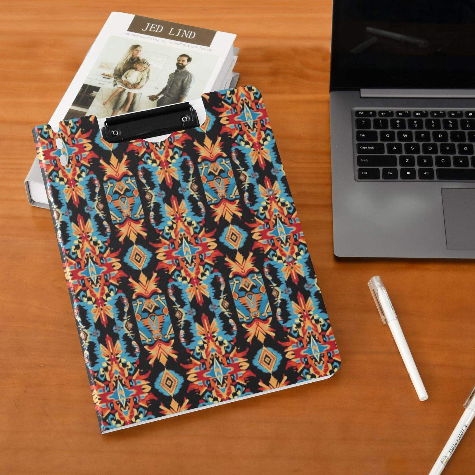 FORMRS A4 Clipboard Folder with Pen Holder Horizontal Foldable School Office Binder, Blue Geometric