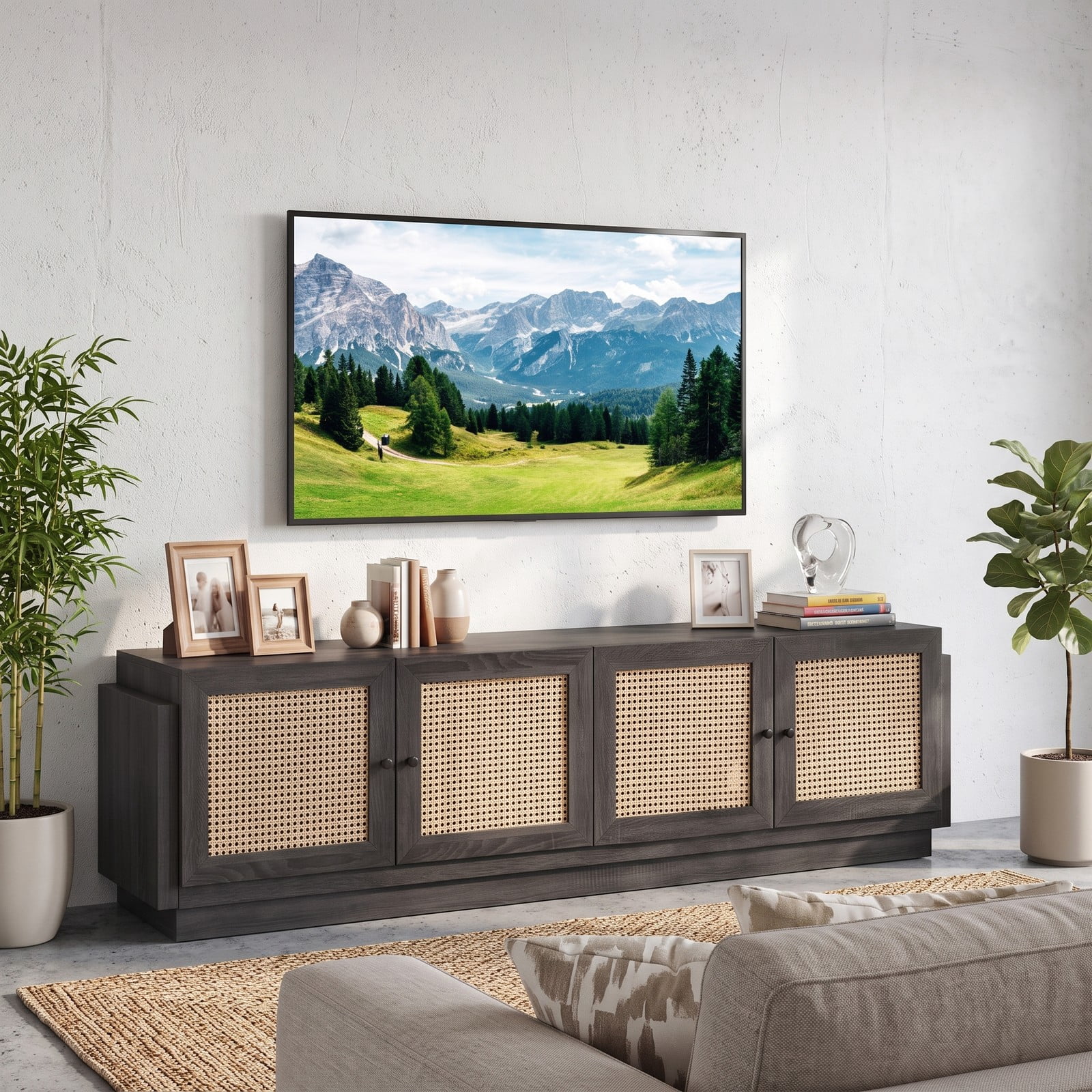 Furnibear Farmhouse TV Stand for TVs up to 75 Inches, 70 Inch Entertainment Center with PE Rattan Cabinet Doors and Adjustable Shelves, Rattan Media Console for, Black