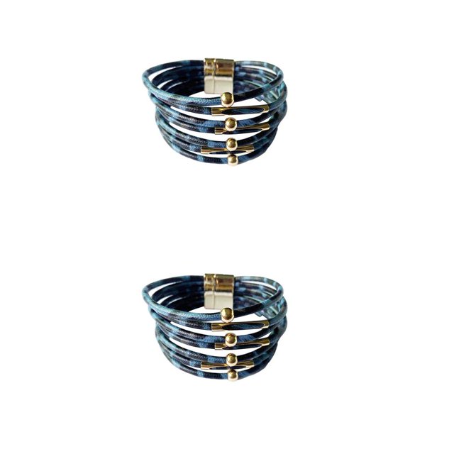 QualitChoice Bracelet Multi-layers Magnetic Buckle Leather Multi-colored Leopard Print Valentines Day Gifts Bracelets Hand Jewelry Blue 2Set
