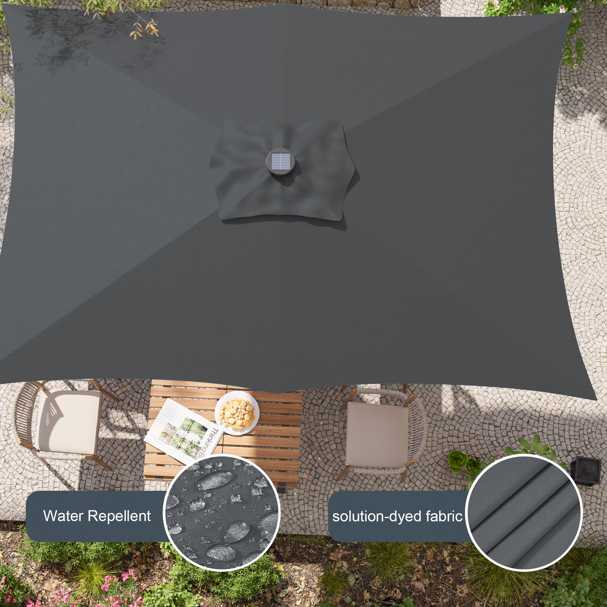 ACEGOSES LED Outdoor Patio 6x9ft Deck Solar Light Market Umbrella, Outside Table Umbrellas With Polyester canopy,Anthracite