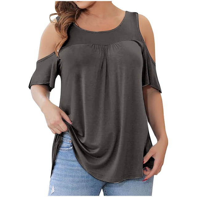 FAIWAD T-Shirts à Épaules Dénudées d'Été pour Femmes, Manches Courtes, Col Ras du Cou, T-Shirts Unis, Tunique Basique Décontractée