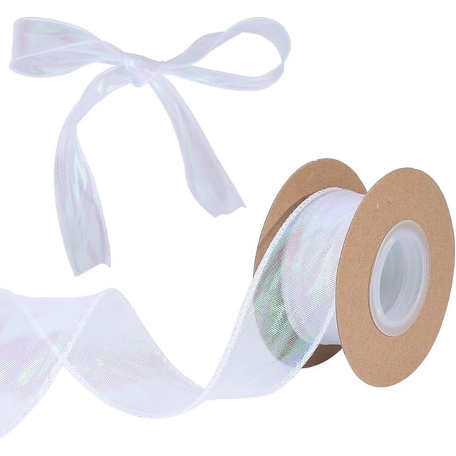 Cinta de organza de 9,84 yardas, 1-5/8" de ancho, transparente, con alambre y borde de tul brillante, decorativa, color blanco.