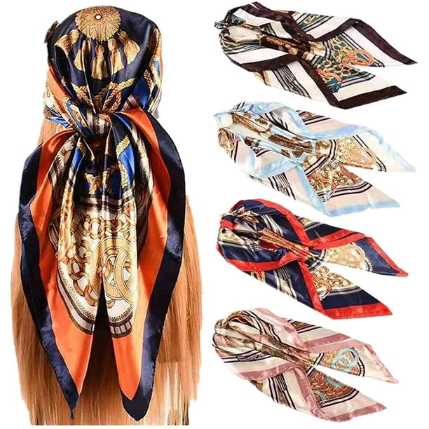 35” Satin Large Square Head Scarves - 4PCS Silk Like Neck Scarf Hair  Sleeping Wraps Lightweight Satin Silk Scarfs for Women 