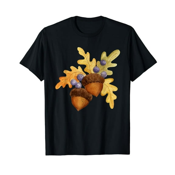 Autumn Leaves And Acorns Fall For Women Thanksgiving Cute Short Sleeve Black T-Shirt