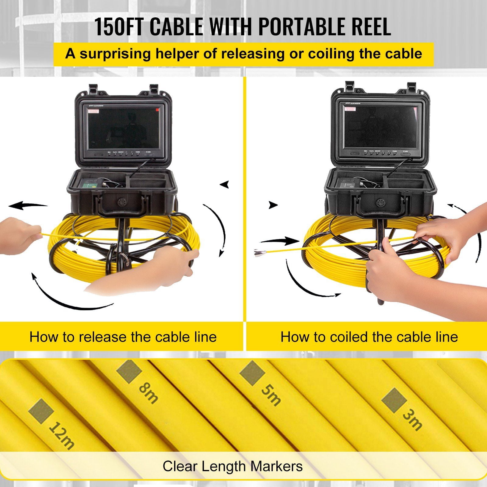 150FT Sewer Inspection Camera with 9" LCD Screen, DVR & 8GB SD Card, IP68 Waterproof Borescope w/LED Lights for Drain Pipe Plumbing, Wall Duct - Industrial Endoscope