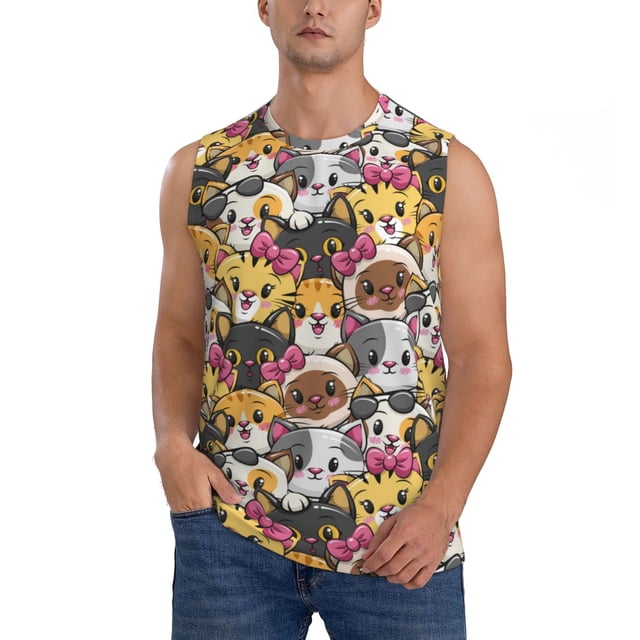 Balery Cute Cat Camisetas sin mangas para hombre, absorbe la humedad y protege contra el mal olor.-Medium