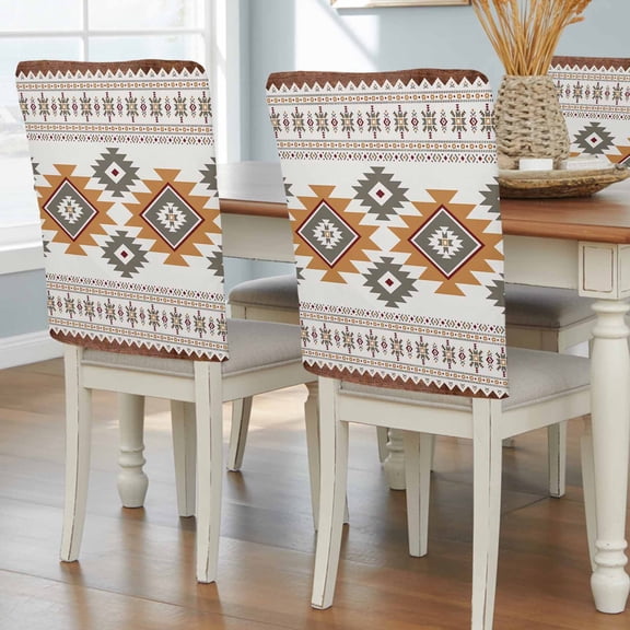 Vintage Southwest Dining Chair Back Cover Only, Orange Boho Geometric Tribal Style Set of 6 Chair Back Covers, Removable Washable for Dining Room, Banquet & Holiday Decoration
