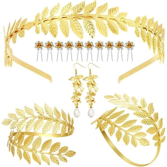 15 Pieces Greek Goddess Jewelry Set, Golden Leaf Headband Bracelet Earrings & Floral Hair Pins, Elegant Costume Accessories for Women, Perfect for Toga Party Halloween Wedding