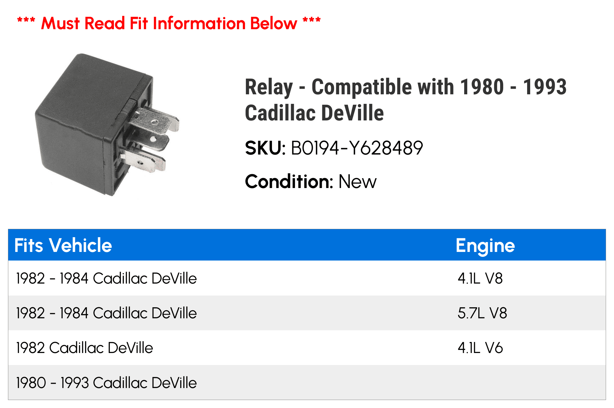 Relay - Compatible with 1980 - 1993 Cadillac DeVille 1981 1982 1983 1984 1985 1986 1987 1988 1989 1990 1991 1992